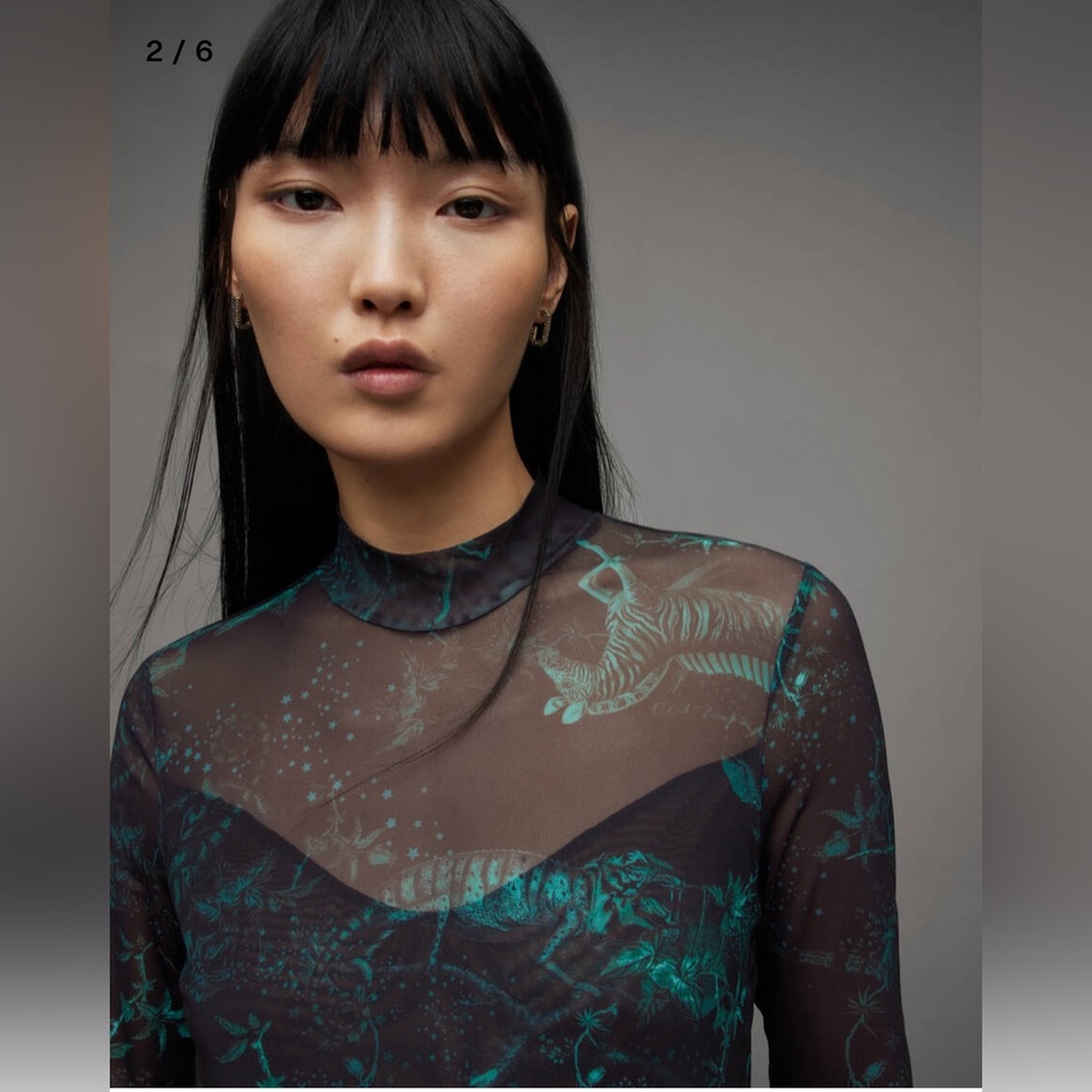 AllSaints Elia Cosmic Mesh Bodysuit US 2 Printed Sheer Top NWT